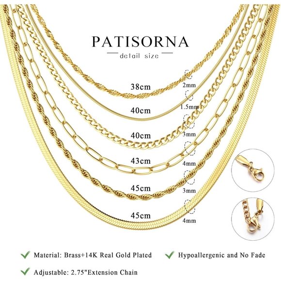 Gold Layered Necklace Set for Women Herringbone Snake Paperclip Chain Jewelry - Picture 4 of 7